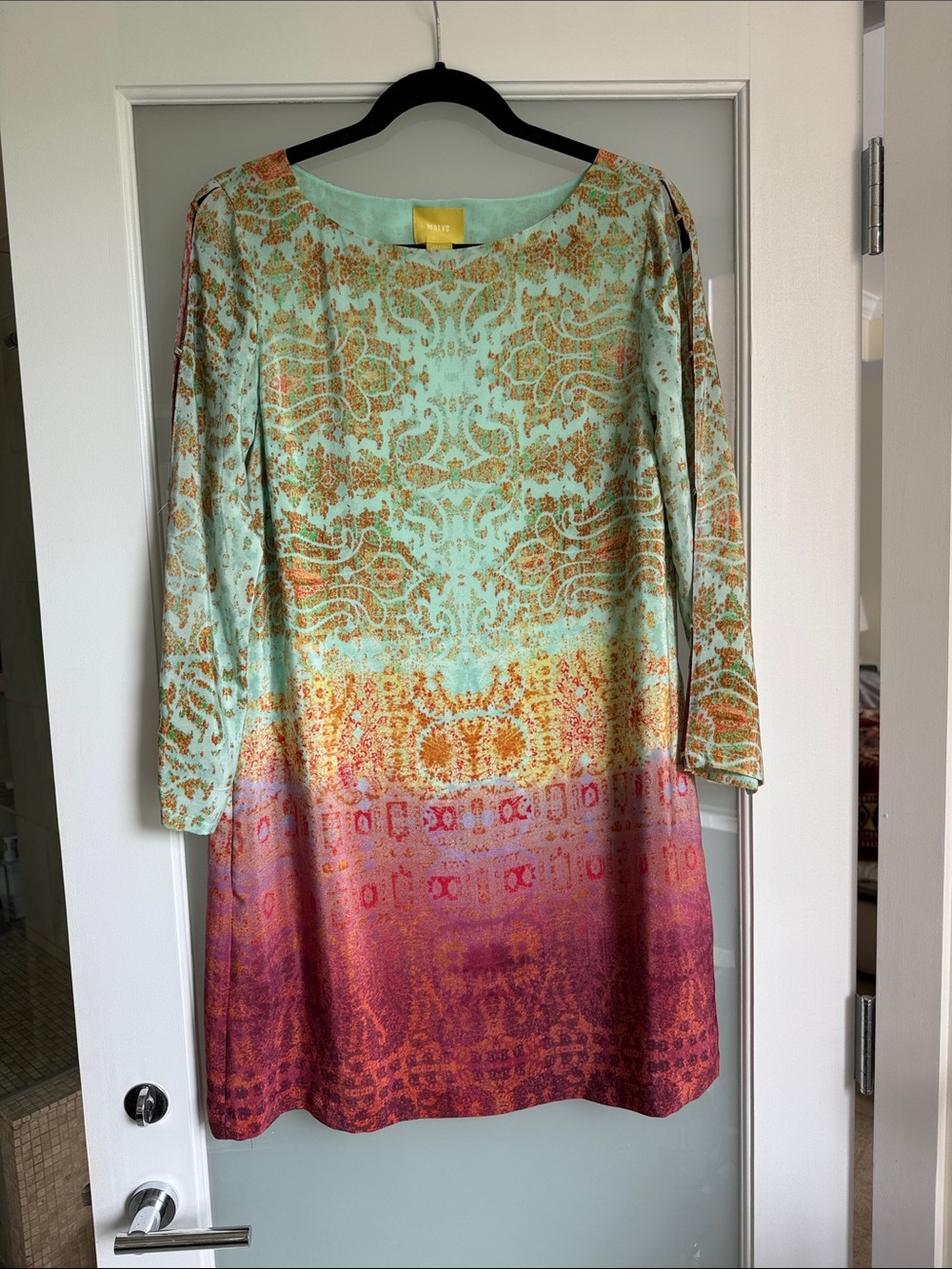 Maeve Anthropologie Long-Sleeve Ombre Shift Dress in Mint, Orange & Pink.